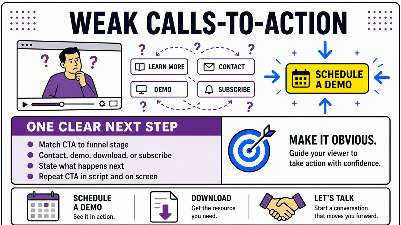 Weak calls-to-action in B2B video marketing: drive one clear next step matched to the funnel, avoid competing buttons and vague learn-more links, and repeat the primary CTA in script and on screen.